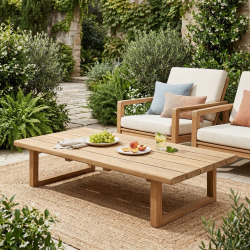 Table basse de jardin en teck massif, 153x72x30,5 cm, pieds-de-table design rectangulaire (NATOFT15372S)