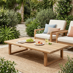 Table basse de jardin en teck massif, 153x72x30,5 cm, pieds-de-table design rectangulaire (NATOFT15372S)