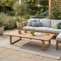 Table basse de jardin en teck massif, 153x72x30,5 cm, pieds-de-table design rectangulaire (NATOFT15372S)