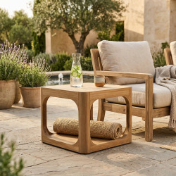 Table d'appoint de jardin en teck massif, 50x50x40 cm, deux plateaux et angle arrondie, fabrication artisanale (NATOFTB5050S)