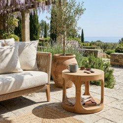 Table d'appoint ronde de jardin en teck massif, 50x50x43 cm, deux plateaux (NATOFTB5050R)