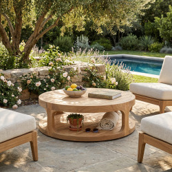 Table basse ronde de jardin  en teck massif, 120x120x35 cm, deux plateaux (NATOFTB120120R)