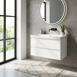 B-Way 99x50x45 cm meuble de salle de bain suspendu 2 tiroirs avec lavabo en céramique, blanc brillant(BWAY2100WU1BI)