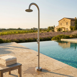 Douche extérieure inox 316L, eau chaude/froide, grande tête de douche orientable de 25 cm, rince-pieds (TS1007)