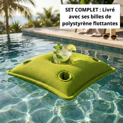 Coussin piscine flottant porte-verres 75x75 cm vert – billes incluses (à remplir) – intérieur / extérieur (PPF7575-2-SET)