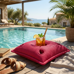 Soo Santaï Coussin piscine flottant porte-verres 75x75 cm rose – billes incluses (à remplir) – intérieur / extérieur (PPF7575-3-SET)
