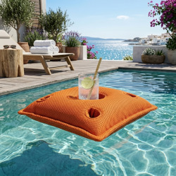 Coussin piscine flottant porte-verres 75x75 cm orange – billes incluses (à remplir) – intérieur / extérieur (PPF7575-6-SET)