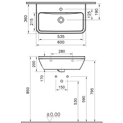 Integra Lavabo suspendu 60x36 cm avec trou pour robinetterie au milieu, Blanc (7088-003-0001)