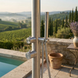 Douche extérieure en inox 316L PREMIUM, eau chaude et eau froide, douchette à main, inox brossé (TS1001)