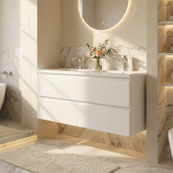 B-Way 119x50x45 cm meuble de salle de bain suspendu 2 tiroirs avec double vasque en marbre coulé, blanc brillant (BWAY2120WU)