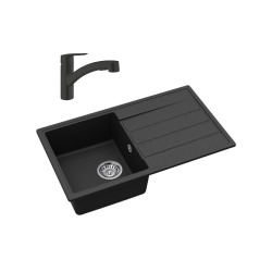 76x44 cm kit évier avec égouttoir réversible en Granite, à encastrer, noir + mitigeur lavabo/cuisine Grohe Start (SATSE3BG431)