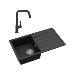 76x44 cm évier avec égouttoir réversible en Granite, à encastrer, noir + mitigeur lavabo/cuisine Grohe Start (SATSE3BG430)
