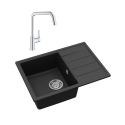 62x44 cm évier avec égouttoir réversible en Granite, à encastrer, noir + mitigeur lavabo/cuisine Grohe Start (SATSE2BG304)