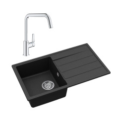 76x44 cm évier avec égouttoir réversible en Granite, à encastrer, noir + mitigeur lavabo/cuisine Grohe Start (SATSE3BG304)