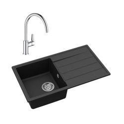 76x44 cm évier avec égouttoir réversible en Granite, à encastrer, noir + mitigeur lavabo/cuisine Grohe StartEdge (SATSE3BG313)