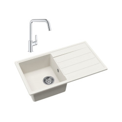 76x44 cm évier avec égouttoir réversible en Granite, à encastrer, blanc + mitigeur lavabo/cuisine Grohe Start (SATSE3WG304)