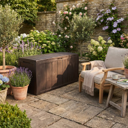 Sherwood coffre de rangement extérieur 270 L en plastique et résine imperméable, aspect bois, marron