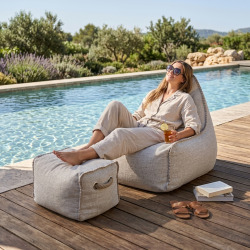 Fauteuil poire intérieur & extérieur avec repose pieds 90x60x85/45x60x35 cm AVEC billes Beige (BSUN9080-2-SET)