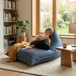 Fauteuil poire intérieur 140x120x90 cm déhoussable avec poignées et surpiqûres AVEC billes Bleu jeans (LBIN140120-1-SET)