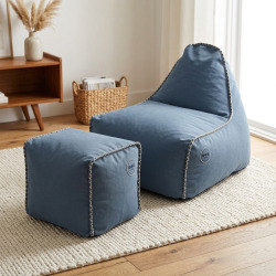 Fauteuil poire intérieur avec repose pieds 90x60x85/45x60x35 cm AVEC billes Bleu jeans (BINDR9080-1-SET)