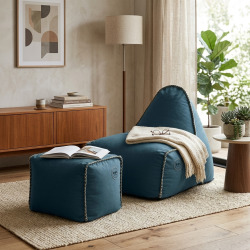 Fauteuil poire intérieur avec repose pieds 90x60x85/45x60x35 cm AVEC billes Bleu jeans (BINDR9080-1-SET)