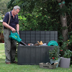 Sherwood coffre de rangement de jardin extérieur 270 L en plastique et résine imperméable, aspect bois grafite, gris anthracite