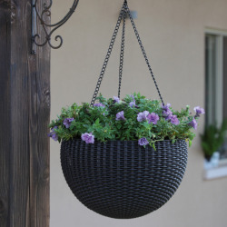 KETER HANGING SPHERE pot de fleurs suspendu à 3 chaînes 8,6 L en résine effet rotin graphite 35 x 35 x 22 cm (229545)