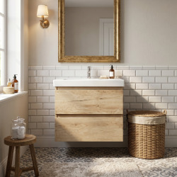 B-Way 59x50x45 cm meuble de salle de bain suspendu 2 tiroirs avec lavabo en céramique, chêne mat (BWAY260OAKUU1)