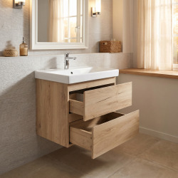 B-Way 59x50x45 cm meuble de salle de bain suspendu 2 tiroirs avec lavabo en céramique, chêne mat (BWAY260OAKUU1)