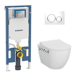 Pack bâti-support Geberit extra-plat UP720 + WC sans bride Vitra S60 + Abattant SoftClose + Plaque blanche (SLIM-S60-C)