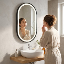 40x80 cm miroir suspendu ovale avec éclairage LED et capteur, cadre en aluminium, noir (SATZOVLED4080CE)