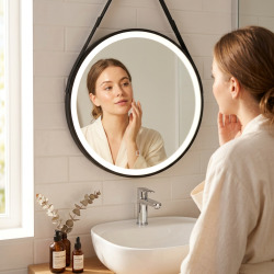 60x60 cm miroir rond avec éclairage LED et capteur, cadre en métal, noir (SATZREMLED60CE)