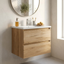 B-Way 59x50x45 cm meuble de salle de bain suspendu 2 tiroirs avec lavabo en marbre coulé, chêne mat (BWAY260OAKU)