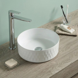 Vasque à poser ronde diamètre 36 cm - blanc brillant - finition striée - sans trop-plein - SAT Infinitio