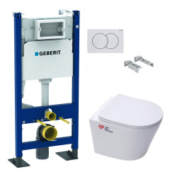 Pack WC sans bride Infinitio, fixations invisibles + Abattant softclose slim + Bâti autoportant Geberit UP100 + Plaque blanche