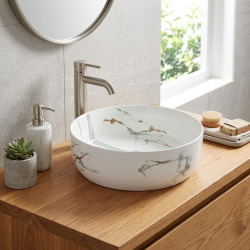 Vasque à poser ronde en céramique diamètre 39 cm - effet marbre blanc mat - sans trop-plein - SAT Infinitio