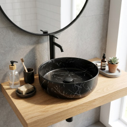 Vasque à poser ronde diamètre 39 cm - effet marbre noir mat - sans trop-plein - SAT Infinitio