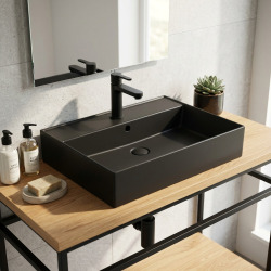 Lavabo rectangulaire en céramique 60,5 x 46,5 cm - noir mat - avec trop-plein - à suspendre ou sur meuble - SAT Infinitio