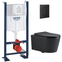 Pack WC Bâti-support Rapid SL + WC SAT sans bride noir mat + Abattant softclose + Plaque noire mat