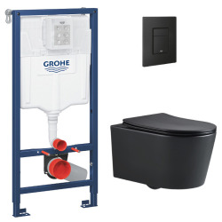 Pack WC Bâti-support + WC Swiss Aqua Technologies sans bride + Abattant softclose + Plaque (RapidSL-BlackSATrimless-KF0)