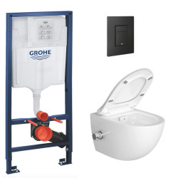 Pack Bati-support Project + WC sans bride avec fonction bidet thermostatique + Plaque Noir mat (RapidSL-SATClean-KF0)