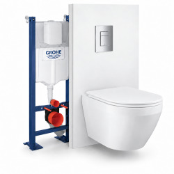 Pack WC suspendu complet GROHE avec bâti-support autoportant, sans bride, abattant SoftClose et plaque chromée (GRRGRWT01-FR )
