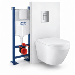 Pack WC suspendu complet GROHE Euro Ceramic sans bride avec bâti-support autoportant et plaque chromée (GRRGRWT02-FR)