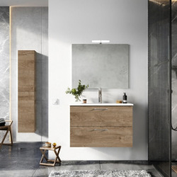 Ensemble meuble vasque avec miroir et éclairage LED + colonne 81,4 x 55 x 41,7 cm - stratifié décor chêne - Ceramia Lea