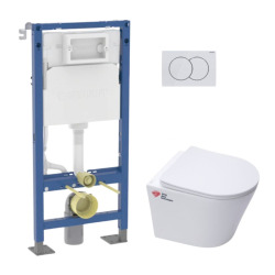 Pack WC Bâti-support autoportant + WC suspendu Infinitio sans bride + Abattant softclose + Plaque blanche (InfinitioGebATP-1)