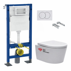 Pack WC suspendu complet Geberit Duofix, WC SAT Brevis sans bride, abattant SoftClose, plaque blanche