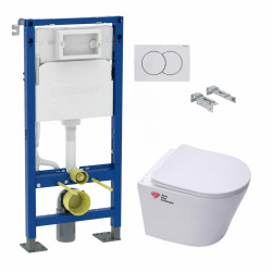 Pack WC suspendu complet Geberit Duofix, WC SAT Infinitio sans bride, abattant SoftClose, plaque blanche