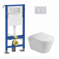 Pack WC Bâti-support autoportant + WC suspendu SAPHO Avva sans bride + Abattant softclose + Plaque blanche (AvvaGebATP-1)