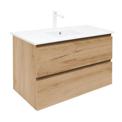 Meuble de salle de bains suspendu SAT B-Way 2 tiroirs avec vasque céramique 99x50x45 et mitigeur - Chêne