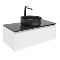 Ensemble meuble avec plaque de recouvrement et mitigeur et vasque et plan - SAT - B-WAY 1 - 99x30x45 - blanc brillant - Blanc